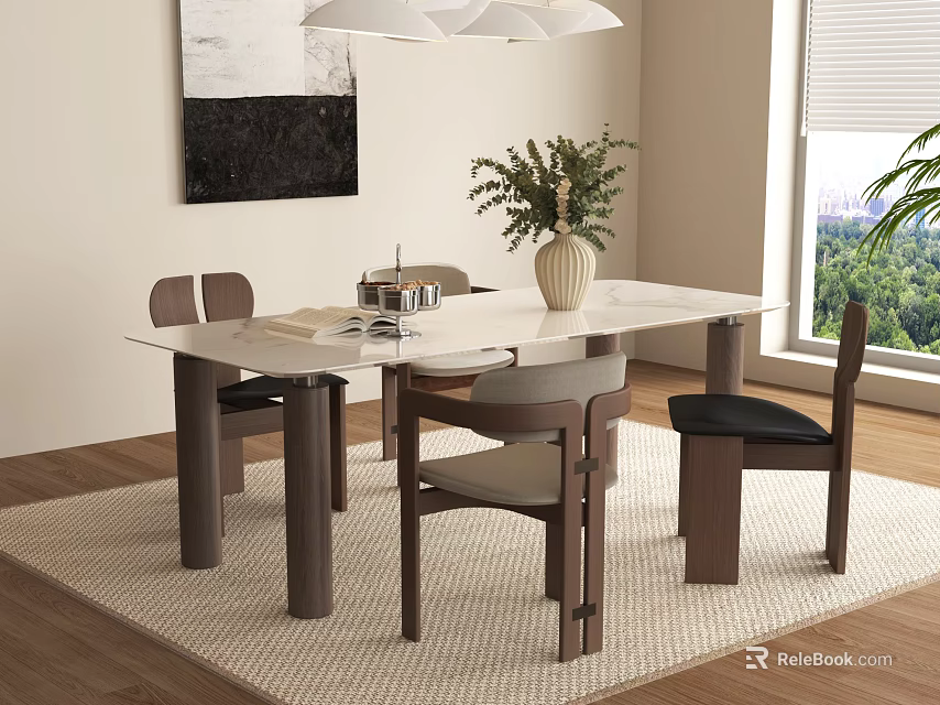 Modern Sintered Stone Dining Table Set With Solid Wood Chairs For Warm Home Dining Room 3d model 