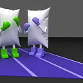 White Pillows Standing In Boxing Pose With Green And Purple Gloves And Legs