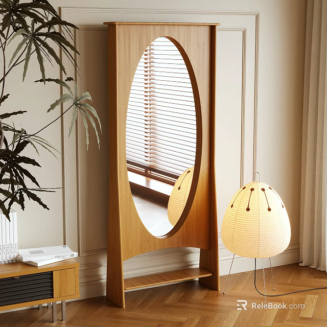 Oval Wooden Mirror in Modern Interior with Green Plant and Hanging Lamp 3d model 