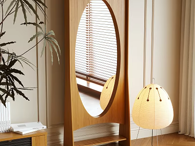 Oval Wooden Mirror in Modern Interior with Green Plant and Hanging Lamp 3d model