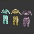 Three Shiny Silver Gold Black Clothing Sets With Tops And Pants For Casual Wear