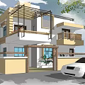 Modern Two Story Detached Villa Exterior With Balcony Wooden Railings And Front Trees