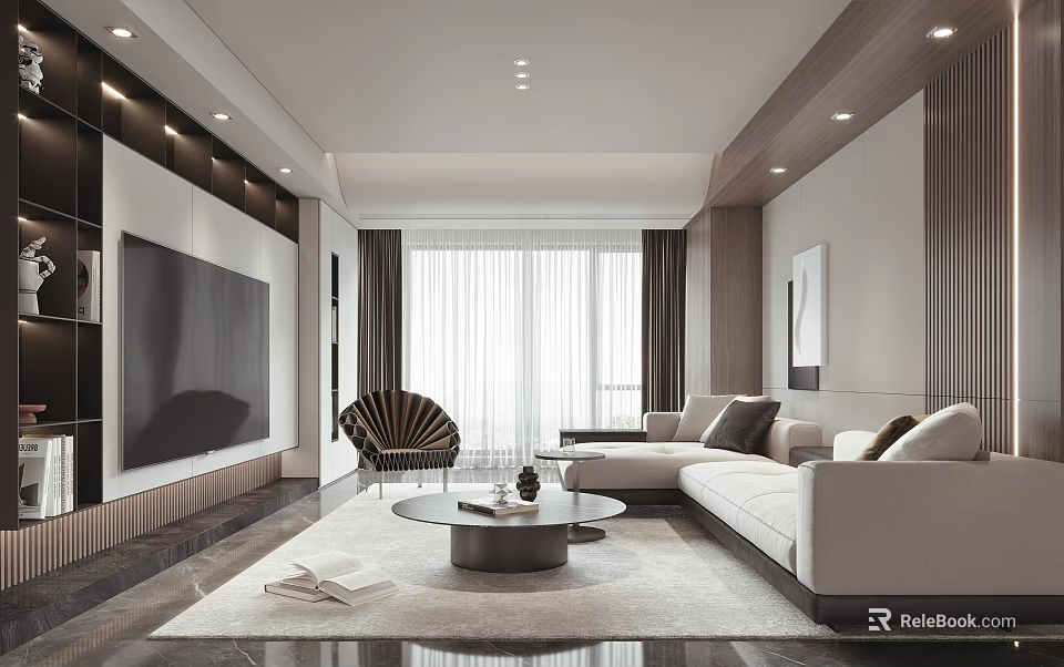 Modern Living Room Interior With Beige Sofa Round Coffee Table TV Wall Floor-to-Ceiling Windows Rug 3d model 