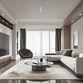 Modern Living Room Interior With Beige Sofa Round Coffee Table TV Wall Floor-to-Ceiling Windows Rug