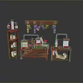 Laboratory Workbench Setup with Wooden Shelves Purple Hanging Items and Scientific Equipment