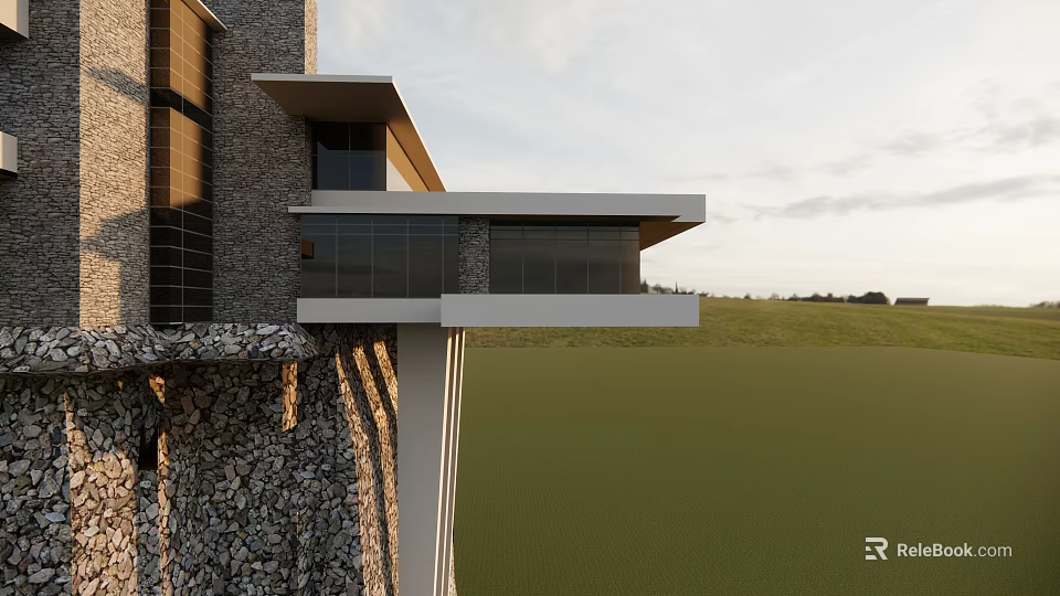 Modern Detached Villa With Large Glass Windows Stone Wall And Overhanging Design In Spacious Lawn 3d model 
