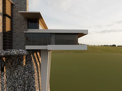 Modern Detached Villa With Large Glass Windows Stone Wall And Overhanging Design In Spacious Lawn 3d model
