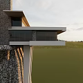 Modern Detached Villa With Large Glass Windows Stone Wall And Overhanging Design In Spacious Lawn