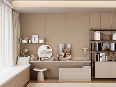 Stylish Dressing Table with Round Mirror Neutral Beige Wall Bookshelves Decorative Items and Stool 3d model