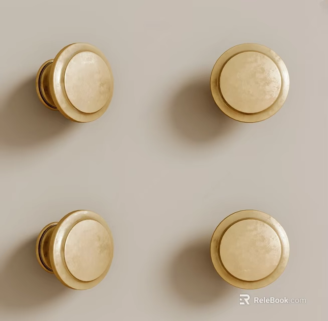 Golden Round Decorative Knobs For Furniture On Beige Wall Background 3d model