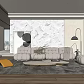 Modern Living Room With Marble Textured Accent Wall White Curved Sofa And Yellow Armchair