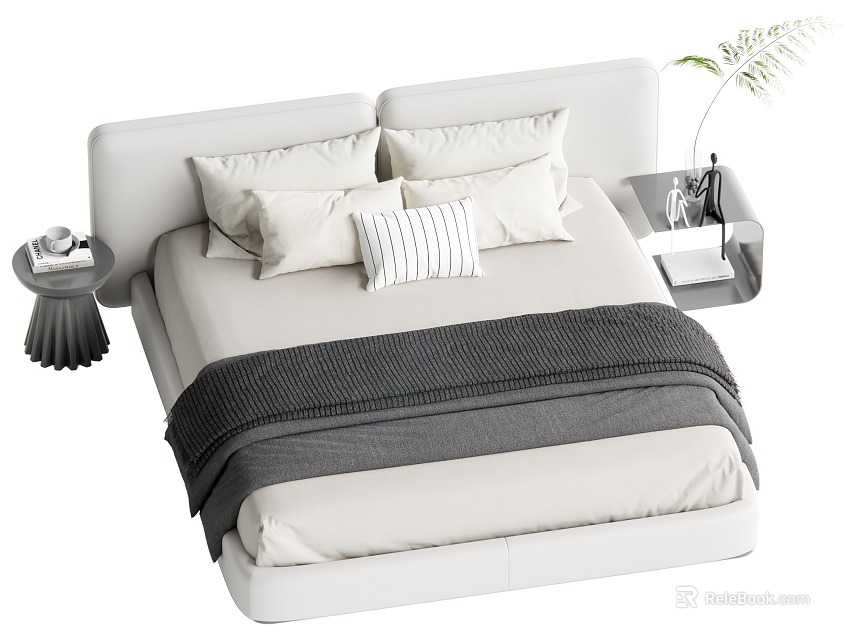 Modern Minimalist Double Bed with Pillows Gray Blanket and Side Table Plant Vase 3d model 