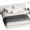 Modern Minimalist Double Bed with Pillows Gray Blanket and Side Table Plant Vase