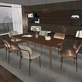 Modern Dining Table Set with Upholstered Chairs Pendant Lights and Bookshelves Floor to Ceiling Windows