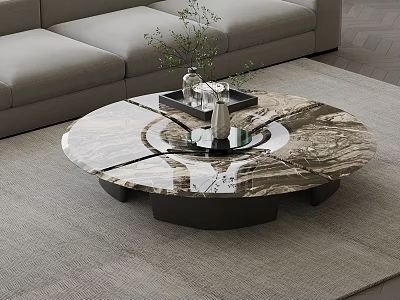 Round Marble Coffee Table In Modern Living Room With Tray Vase And Green Plants 3d model