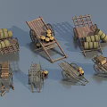 Multiple Wooden Carts And Barrels In Various Designs With Wheels And Frames 3d model