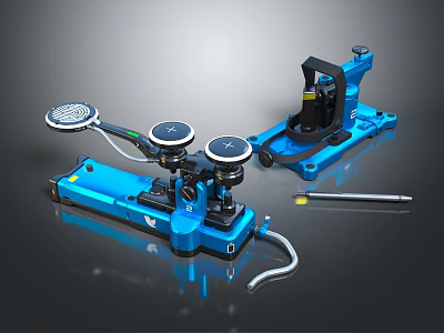 Blue Mechanical Tool With Circular Components And Long Metal Rod On Base 3d model