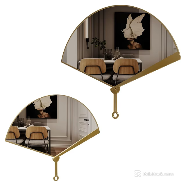 Elegant Fan Shaped Mirror With Golden Frame Reflecting Dining Table Chairs And Wall Art 3d model 