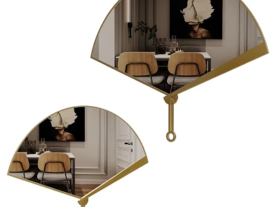 Elegant Fan Shaped Mirror With Golden Frame Reflecting Dining Table Chairs And Wall Art 3d model