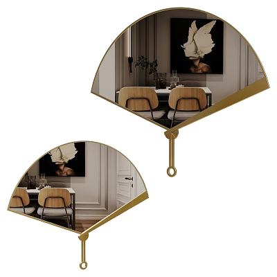 Elegant Fan Shaped Mirror With Golden Frame Reflecting Dining Table Chairs And Wall Art 3d model