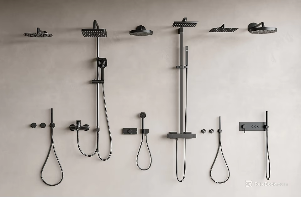 Modern Shower Heads Featuring Various Styles Including Overhead Handheld and Wall Mounted Designs 3d model 