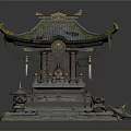 Cartoon Scene Of Traditional Oriental Temple With Green Roof Golden Decorations Stone Steps And Small Pavilions