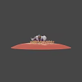 Rhinoceros Game Character with Blue Rolled Bag Brown Backpack in Red Plants on Stone Ground