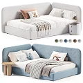 Green And Beige Kids Bed With Soft Pillows Cozy Blankets And Small Nightstand