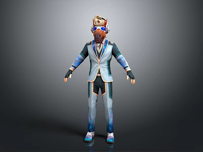 3D Sci Fi Character Model With Animal Head Goggles Blue White Striped Coat 3d model