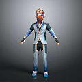 3D Sci Fi Character Model With Animal Head Goggles Blue White Striped Coat