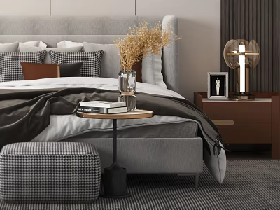 Modern Double Bed with Gray Headboard Multiple Pillows Plaid Ottoman Side Table and Dried Flowers 3d model