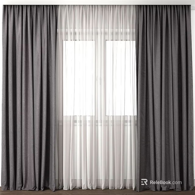 Modern Dark Gray Curtains With White Sheer Layer For Window Decoration 3d model 