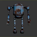 Blue And Red Mechanical Robot Character With Weathered Texture And Jointed Limbs
