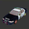 Black And White Police Car With Blue Red Emergency Lights And Badge