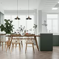 Modern Dining Living Room Interior With Brown Sofa Green Armchair Coffee Table And Decorative Plants