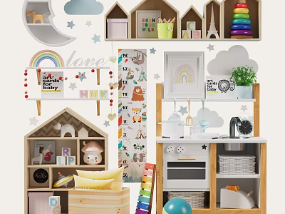 Cute Kids Room Decorative Ornament Set With Rainbow Cloud Animal Stickers Toy Kitchen Storage Shelves 3d model