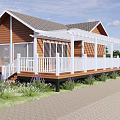 Wooden Cabin Outdoor Space With White Railings Pergola Lavender Trees And Paved Ground