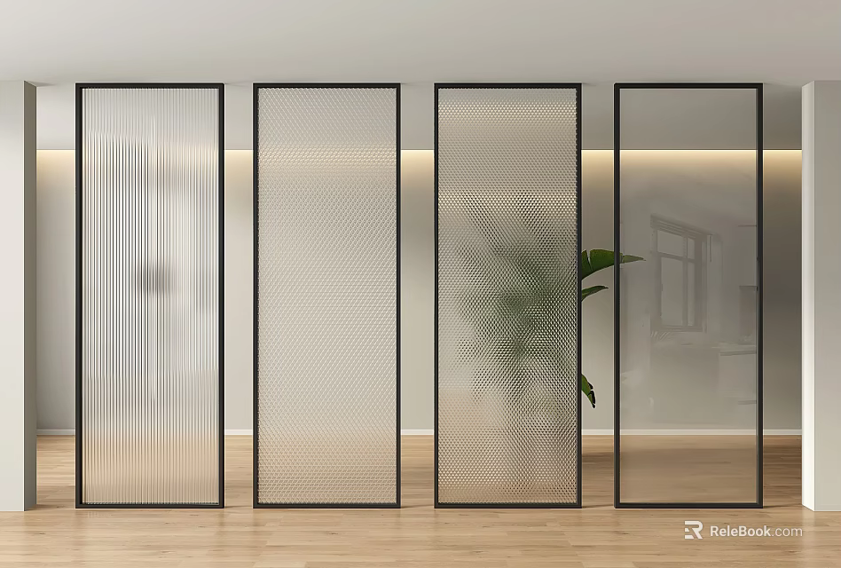 Glass Room Dividers With Different Textures In Modern Indoor Space With Wooden Floor 3d model 