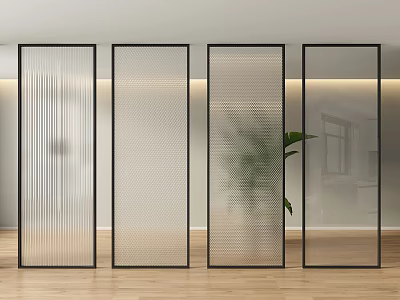 Glass Room Dividers With Different Textures In Modern Indoor Space With Wooden Floor 3d model