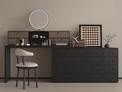 Black Dressing Table With Round Mirror Chair Checkerboard Frame And Cosmetic Items 3d model