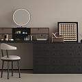 Black Dressing Table With Round Mirror Chair Checkerboard Frame And Cosmetic Items