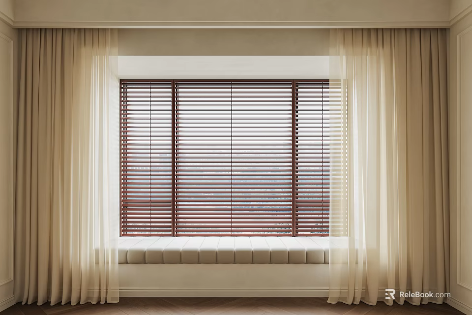 Beige Curtains With Red Wooden Blinds On Window With Window Sill Interior 3d model 