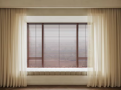 Beige Curtains With Red Wooden Blinds On Window With Window Sill Interior 3d model