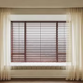Beige Curtains With Red Wooden Blinds On Window With Window Sill Interior