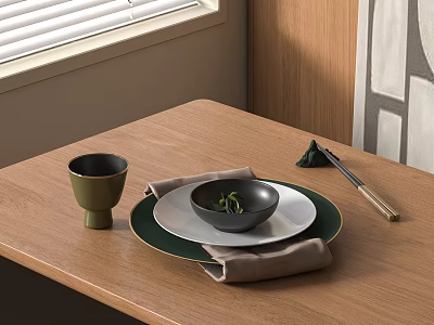 Tableware Set On Wooden Table With Bowl Plates Napkin Cup And Chopsticks 3d model