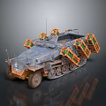 Military Armored Tank With Orange Storage Boxes Heavy Duty Tracks And Antenna