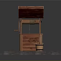 Traditional Wooden Well with Red Tiled Roof and Square Structure on Cobblestone Ground and Bucket