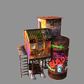 Cartoon Scene Featuring Colorful Graffiti Barrel And Small Shack On Metal Frame