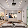 Modern Apartment Bedroom With Arched Doors Projector Cozy Bed Decorative Rug Green Plants And Artwork