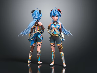 Anime Style Character With Blue Hair And Detailed Outfit Design 3d model
